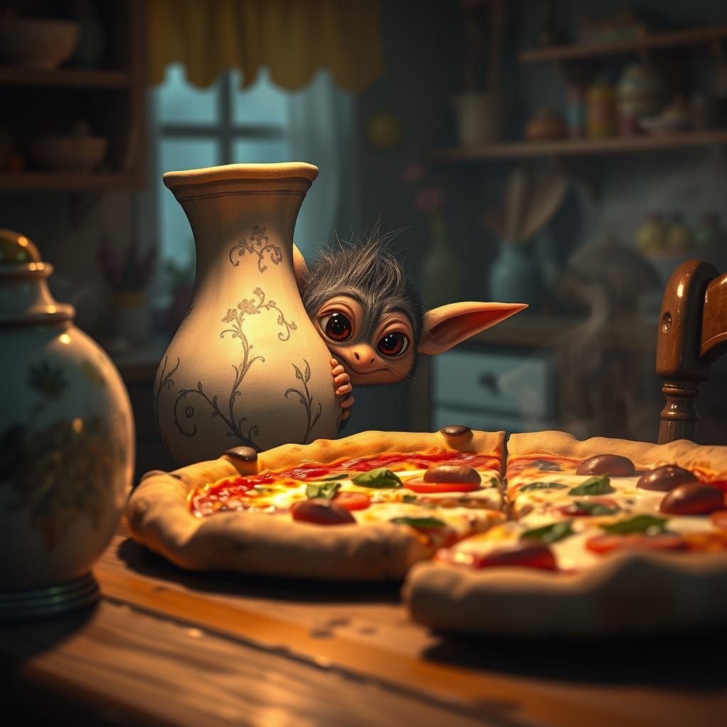 Whimsical Troll Sneaks a Midnight Pizza Snack