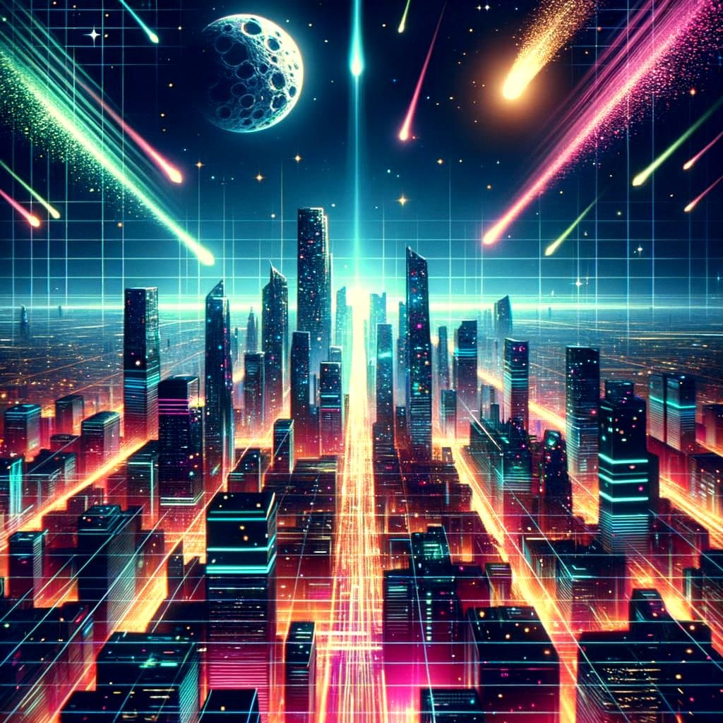 Cyberpunk Metropolis with Asteroid Streaks and Neon Lights