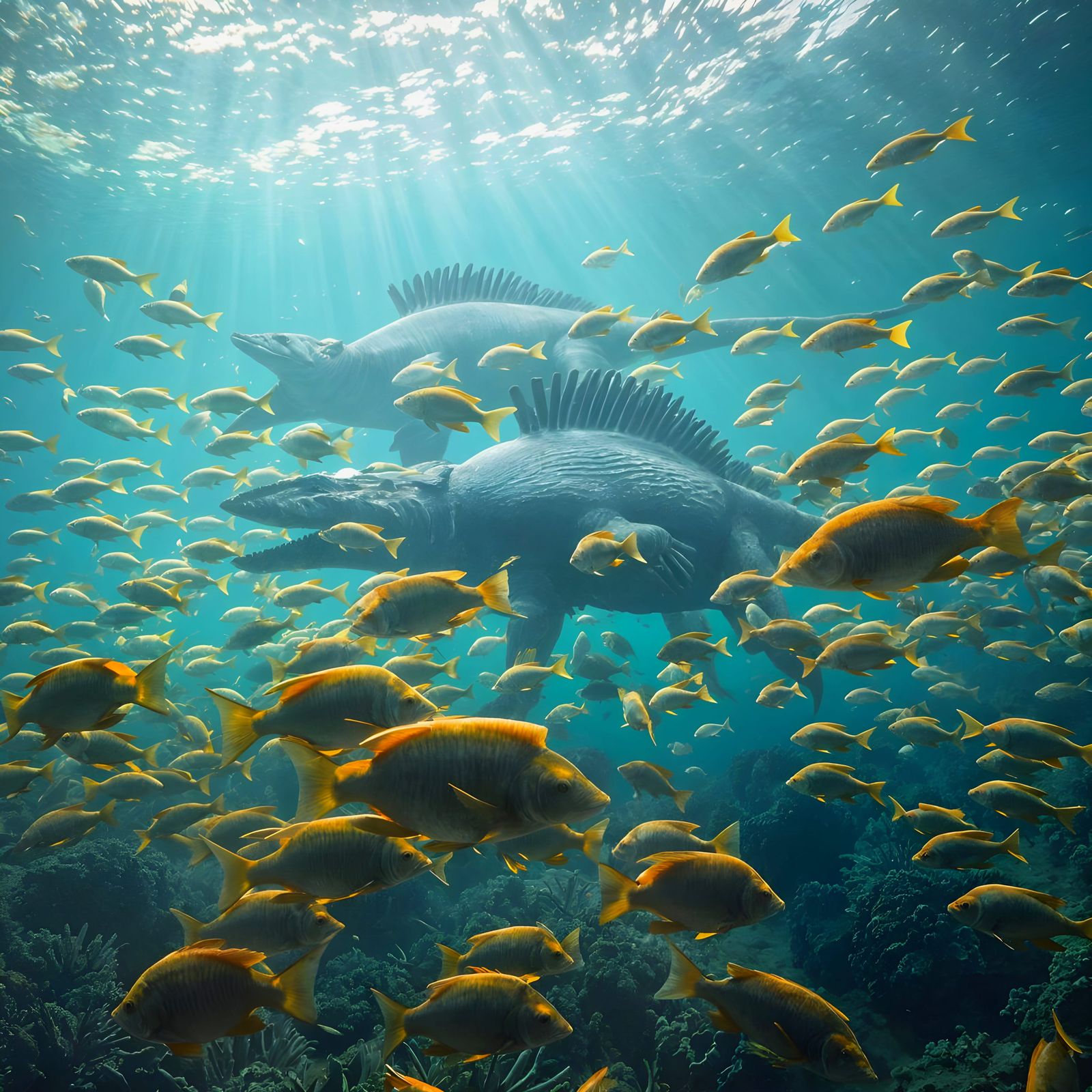 Ancient Oceanscape with Ichthyosaur and Vibrant Fish