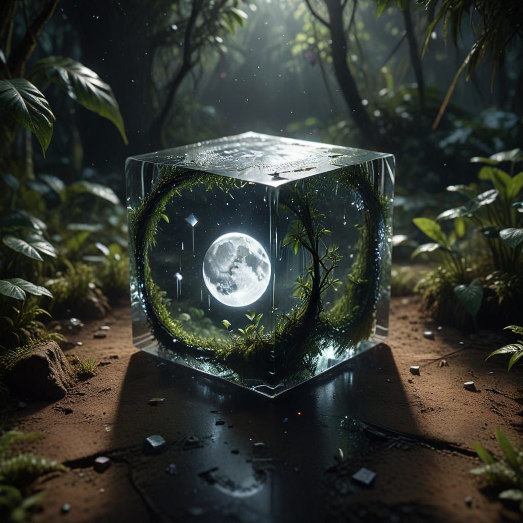 Glass Cube Encasing Moon in Jungle Starlight
