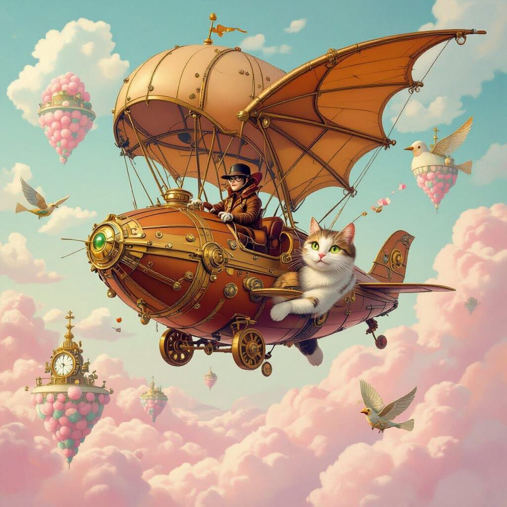Steampunk Cat Airship Soaring Through Cotton Candy Sky