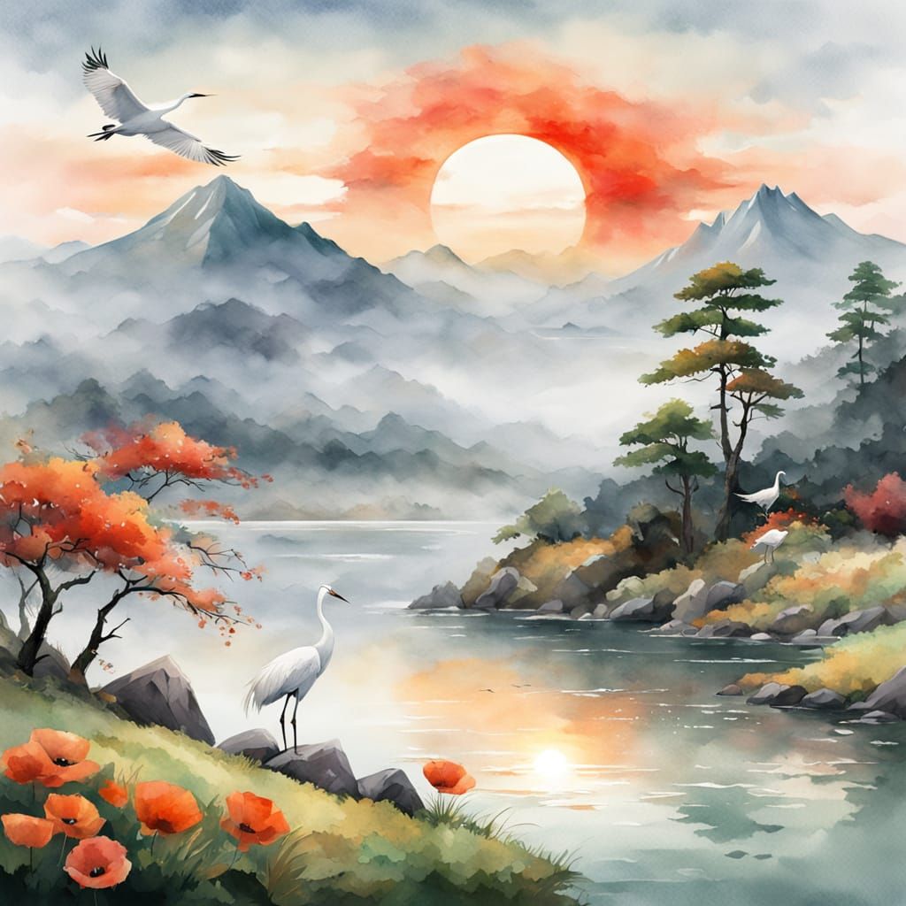 Serene Japanese Landscape Painting With White Crane and Red ...