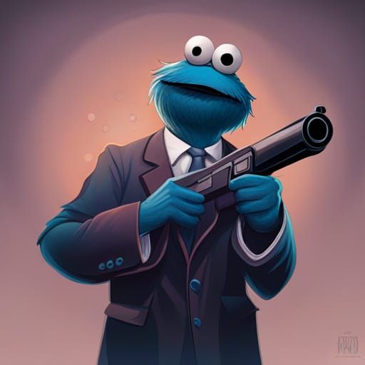 Cookie Monster in Mafia Style Portrait with Triadic Colors