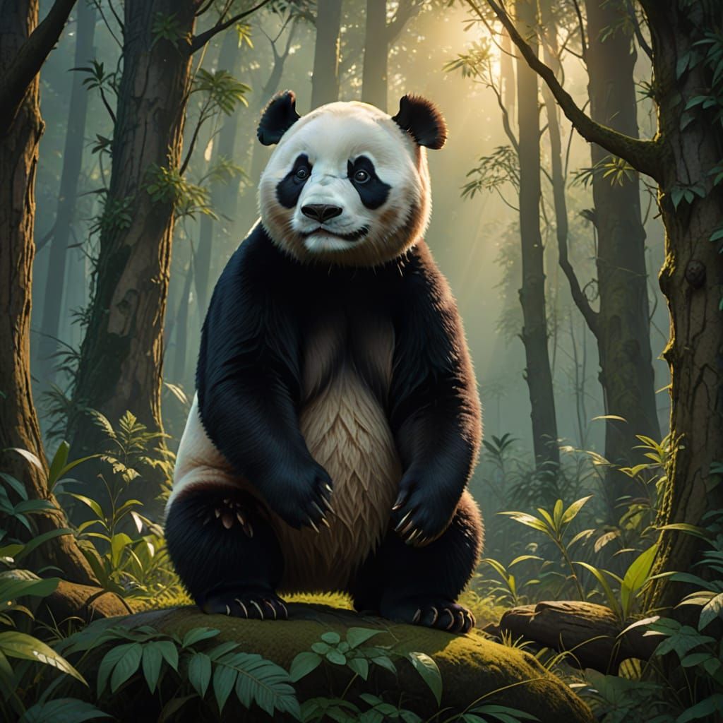 Majestic Panda in Vibrant, Dreamlike Forest
