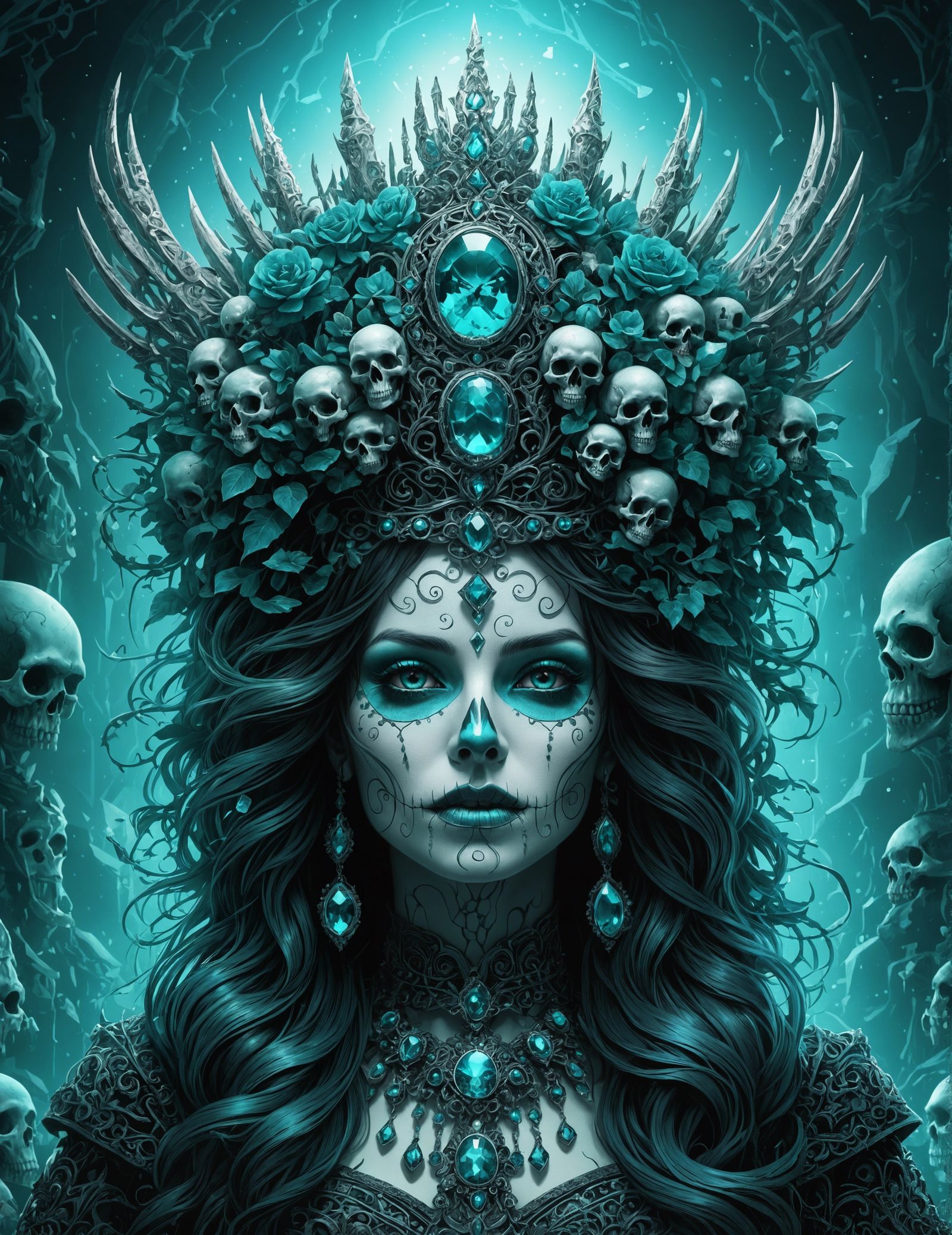 Ethereal Ice Skull Princess in Maximalist Digital Illustrati...