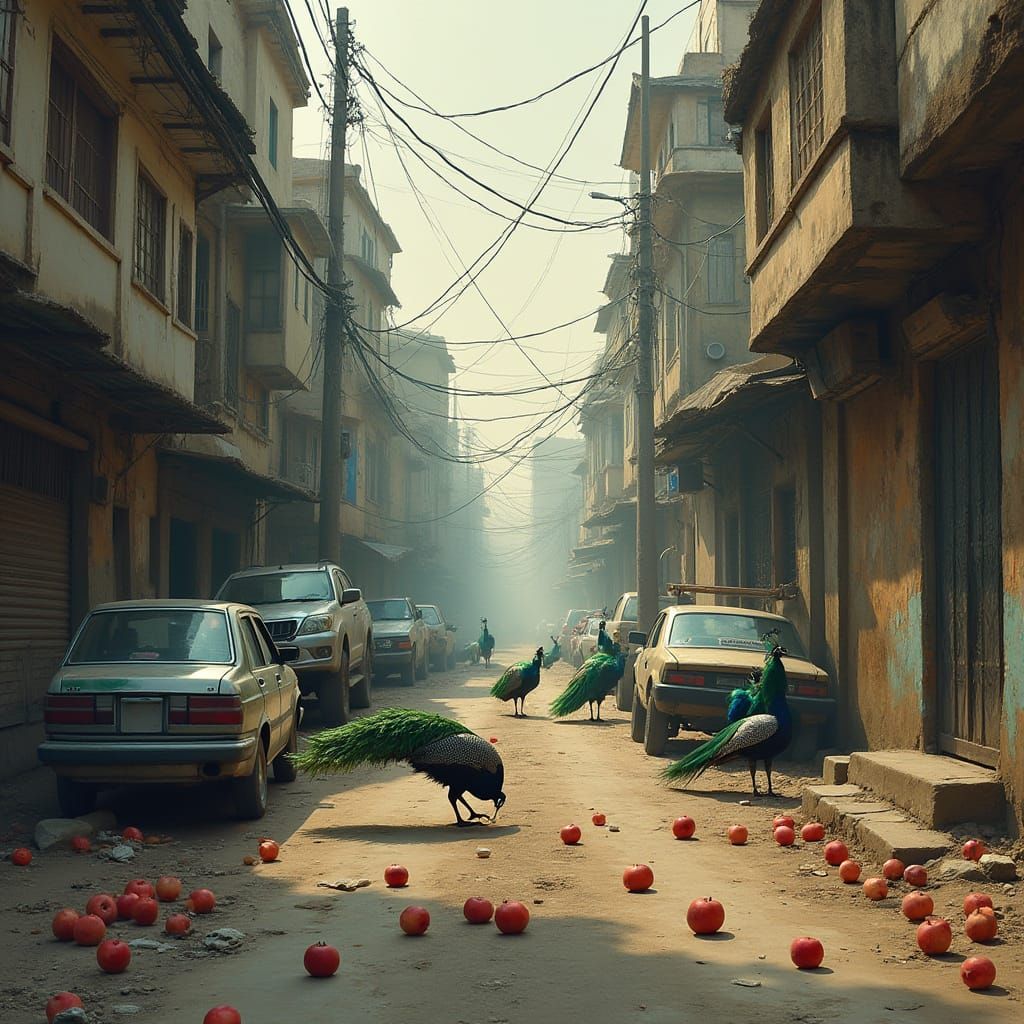 Urban Peacocks Amidst Rusty Gateway