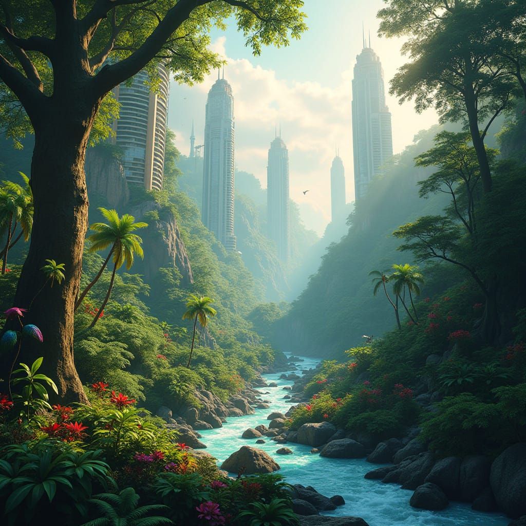 Ancient Ruins Meet Futuristic Skies in Vibrant Tropical Worl...