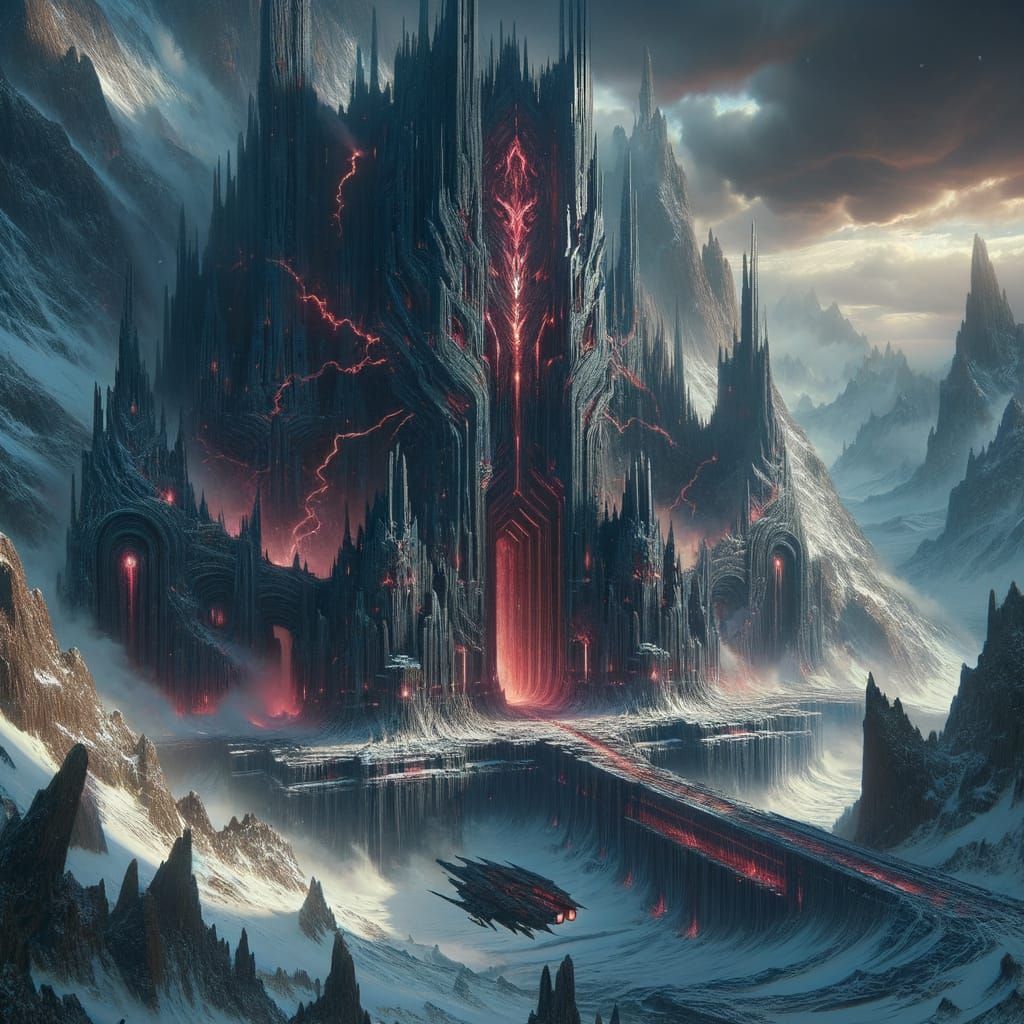 Colossal Obsidian Fortress on Icy Mountain Peak