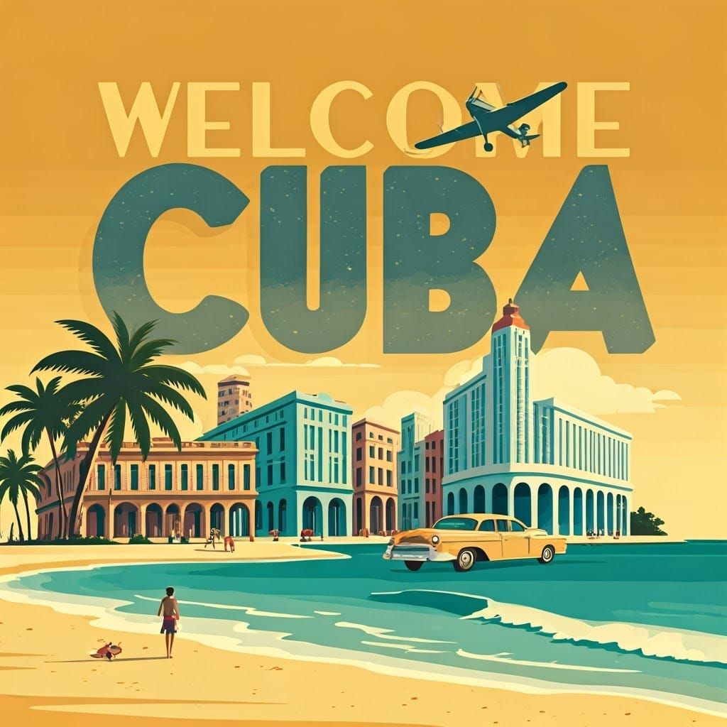 Surreal Cuban Beach and Cityscape in Art Deco Style
