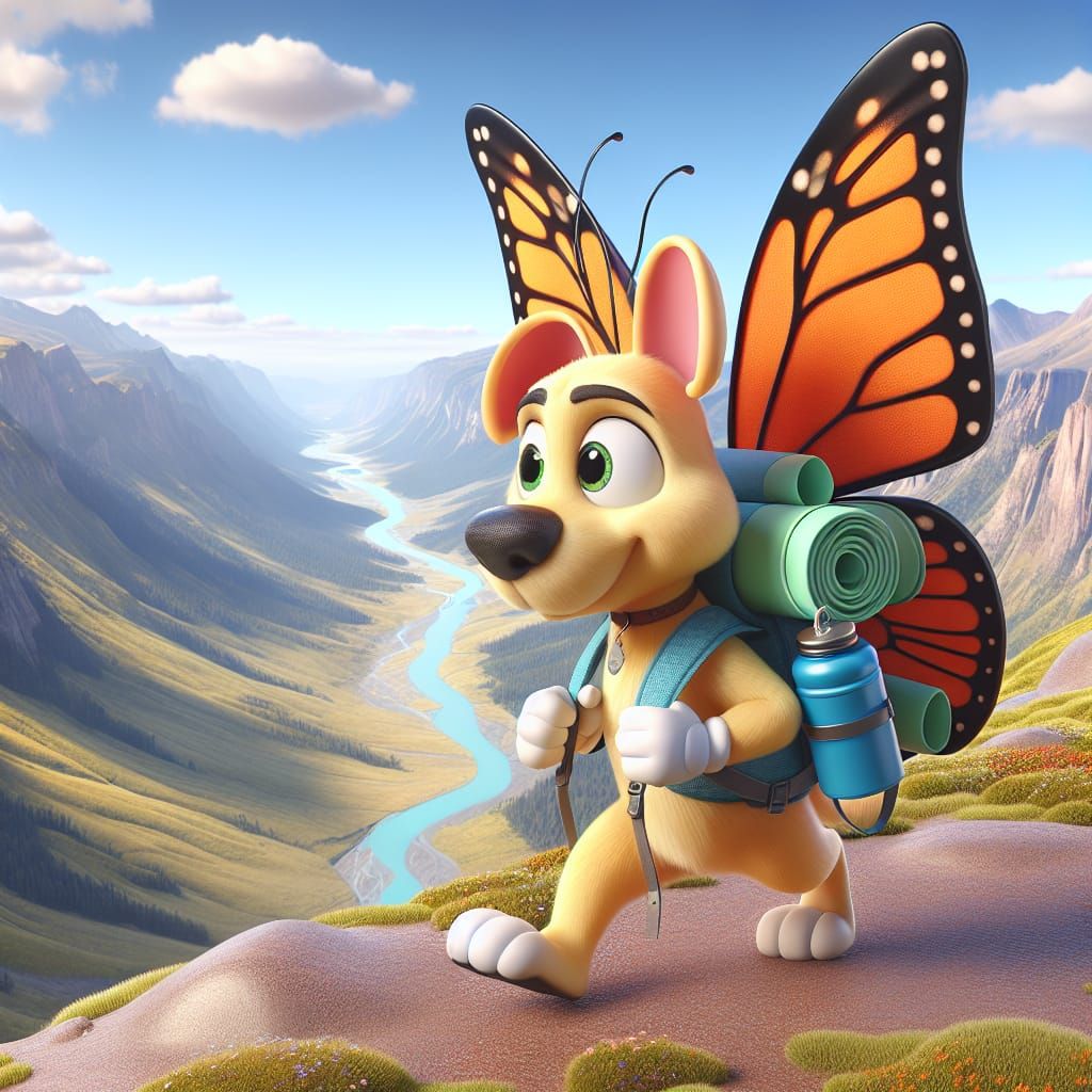 Disney Pixar style 3D adorable papillon dog, wearing a backpack, holding a water bottle, hiking up a tall hill, in a gor...
