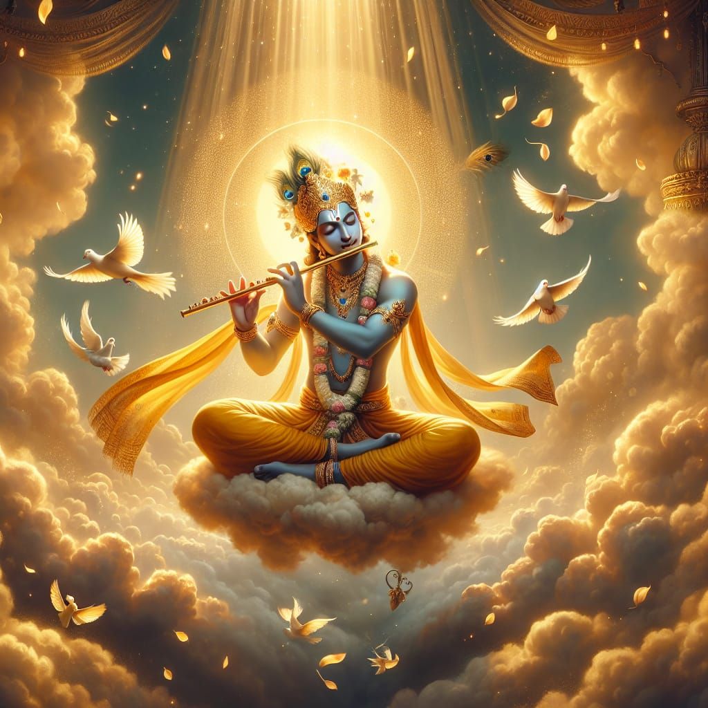 Krishna Playing Flute Among Golden Clouds, Divine Aura