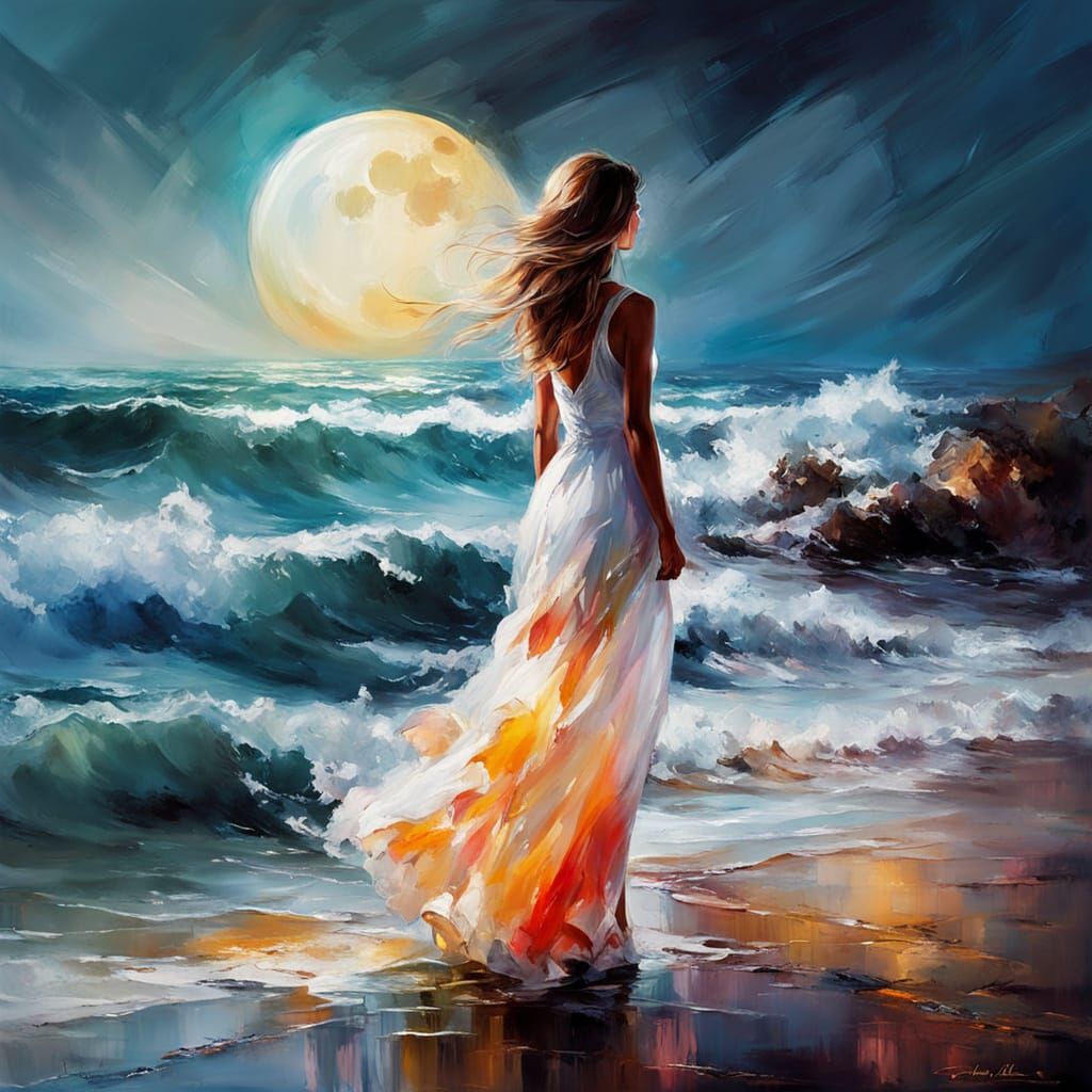 Spectacular Moonlit Beach Scene with Girl in Sea