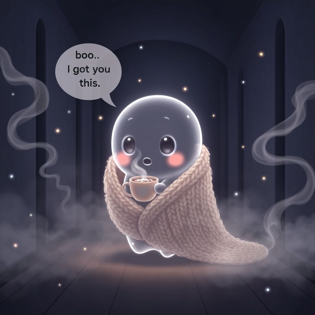 Cute Ghost Baby with Hot Cocoa in Cozy Blanket