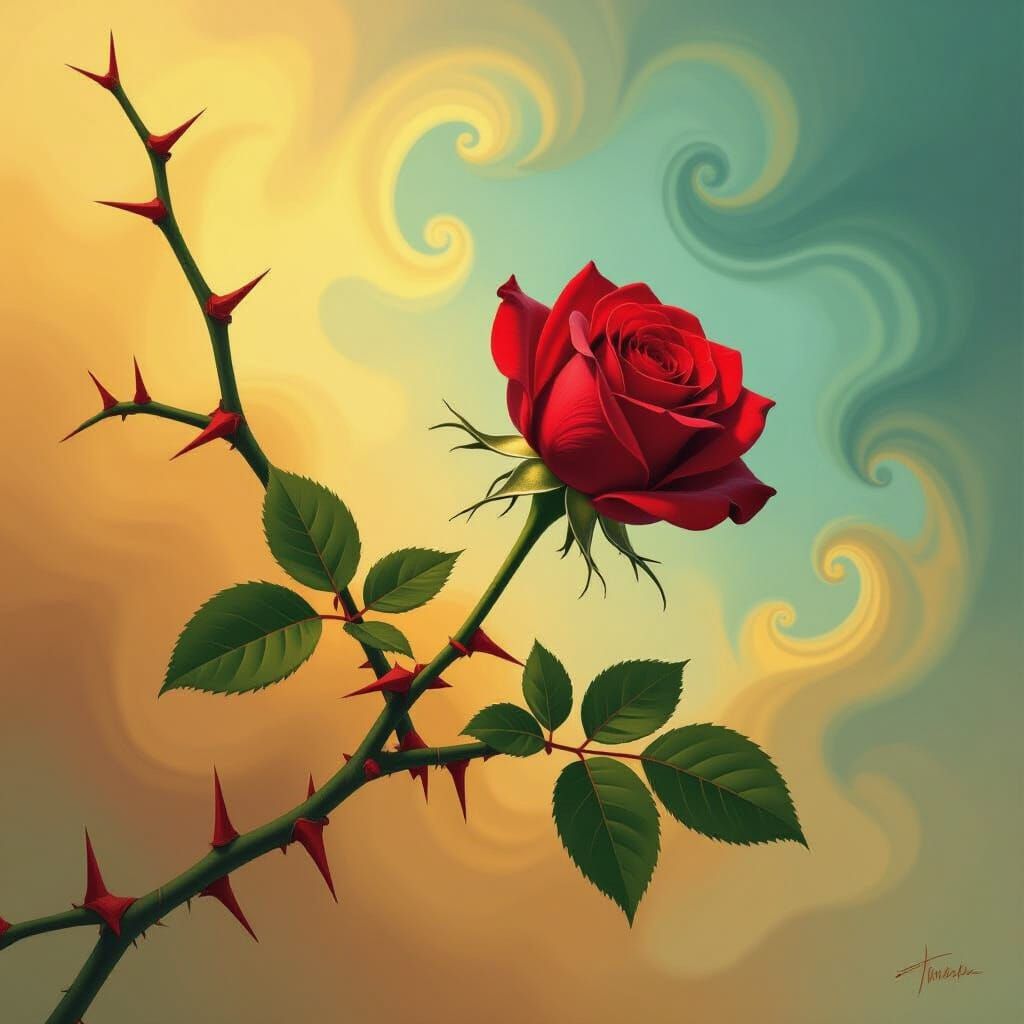 Crimson Rose Entangled with Thorns in Surreal Digital Painti...