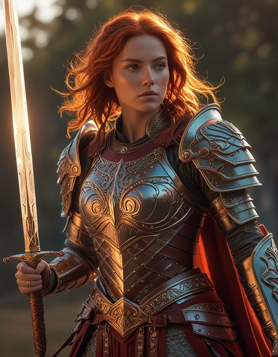 Fiery Haired Warrior with Glowing Sword in Digital Art