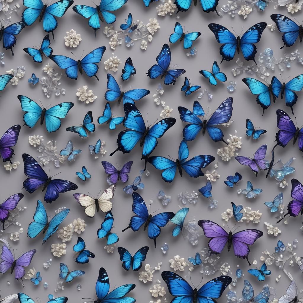 Ein hyperrealistisches digitales Kunstwerk eines Schmetterlings, gefertigt aus saphirblauem Kristallglas. Der Schmetterl...