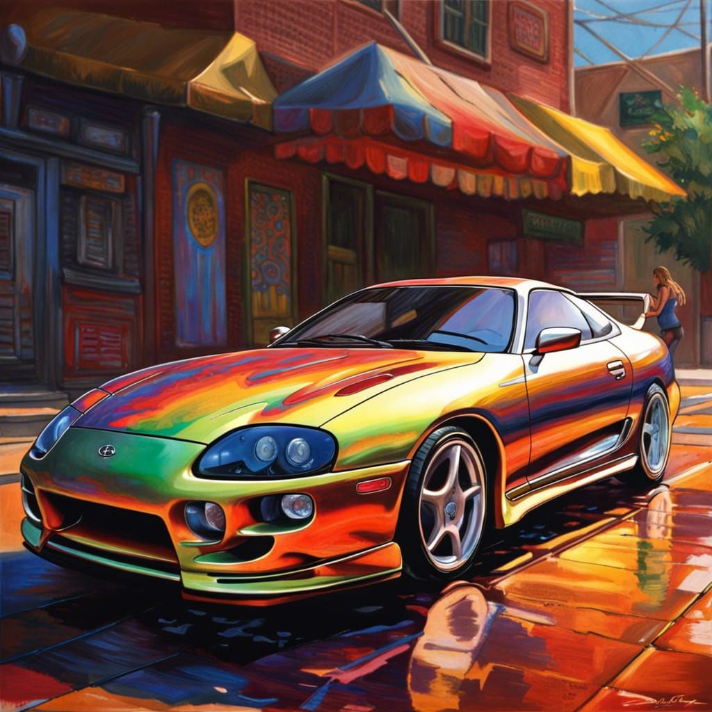 Hyperrealistic Toyota Supra in a Vibrant Splash Art Style