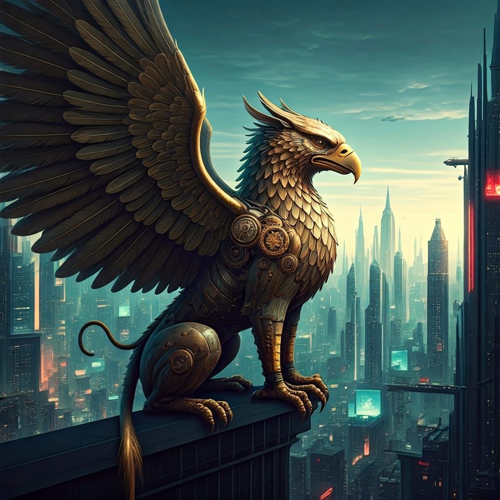 Steampunk Griffin Overlooks Futuristic Cityscape