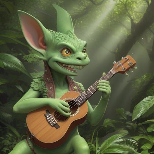 Whimsical Goblin Plays Ukulele in Sunlit Forest