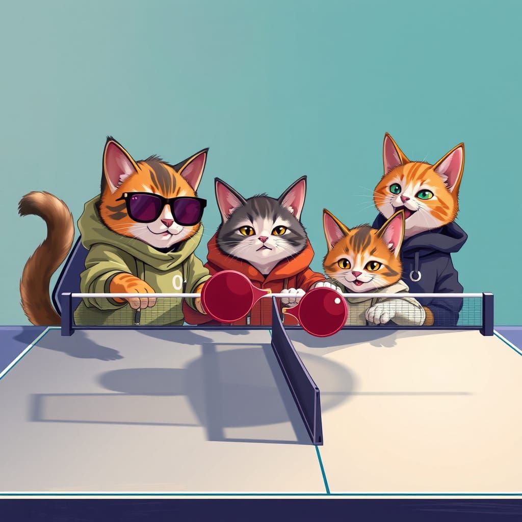Cats Playing Ping Pong in a Vibrant Digital Art Style