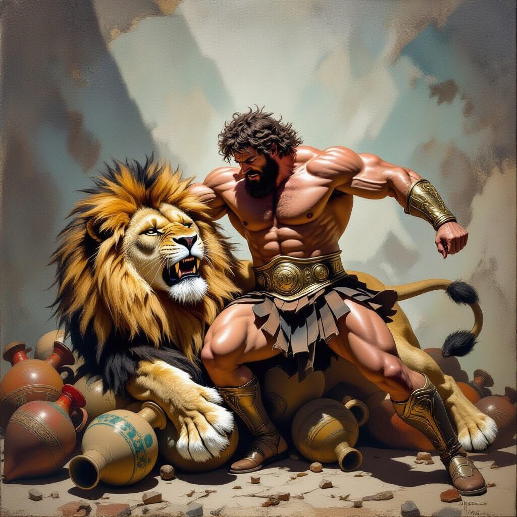 Hercules Wrestles Nemean Lion in Surrealist Style