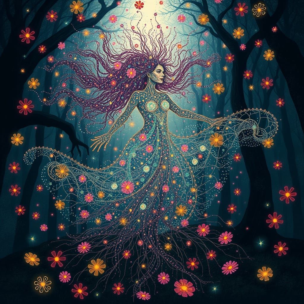 Ethereal Goddess Emerges from Dark Forest in Whimsical Symbo...
