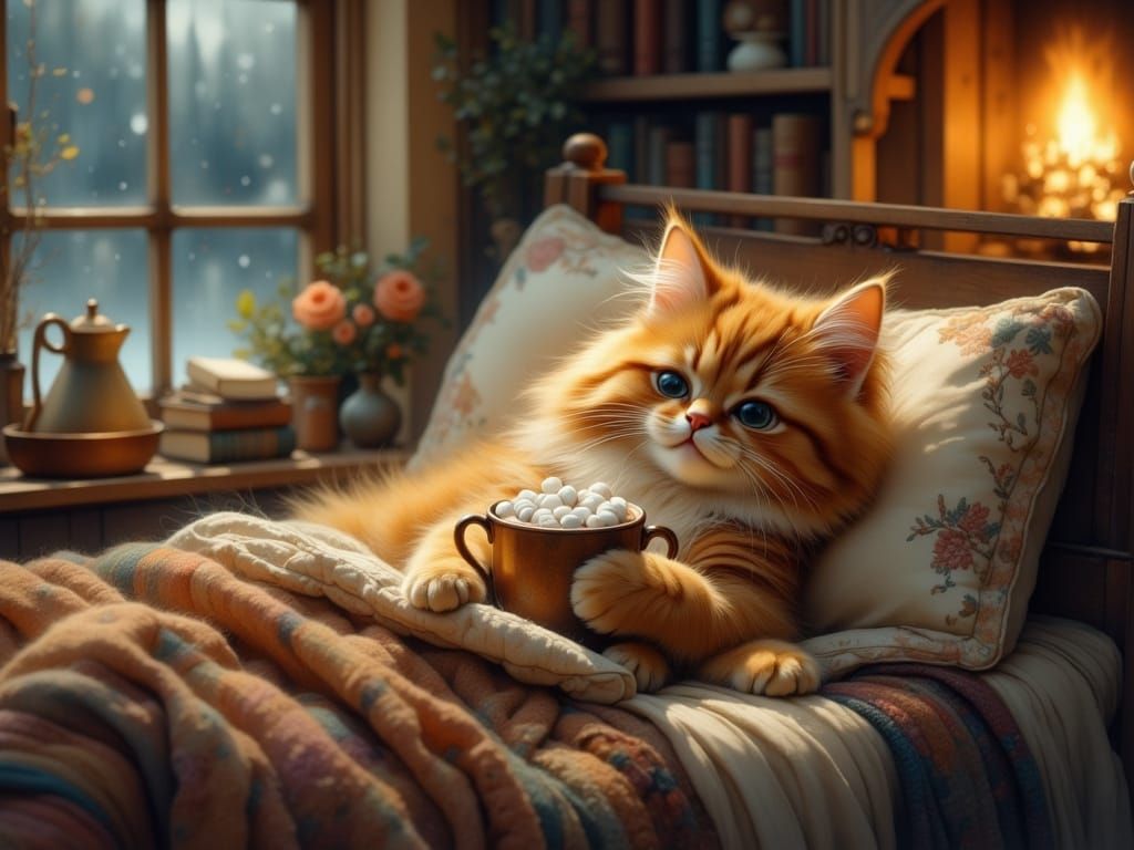 Cozy Orange Cat Sleeps by Fireplace in Warm Light