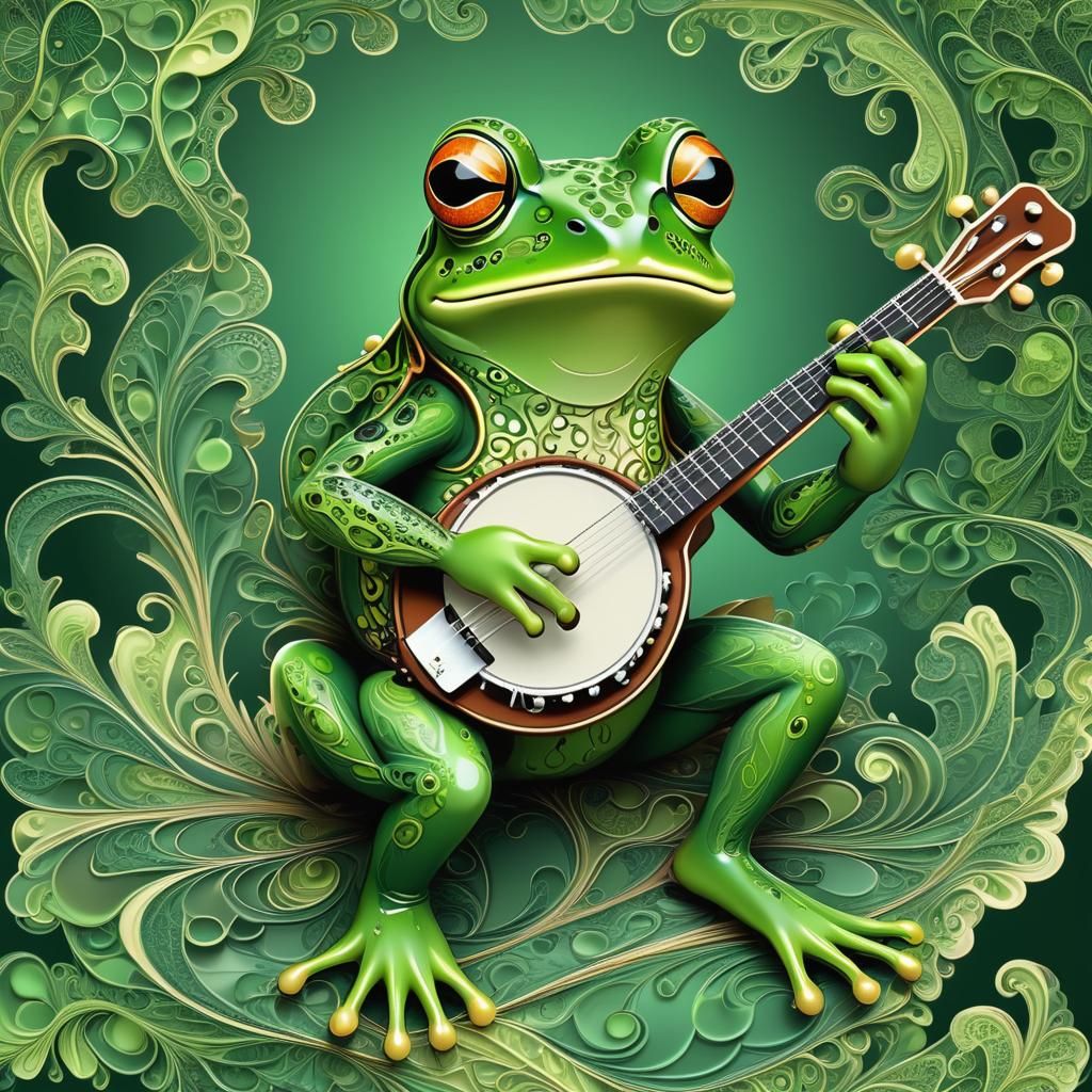 Whimsical Frog Plays Banjo amidst Fractal Landscape