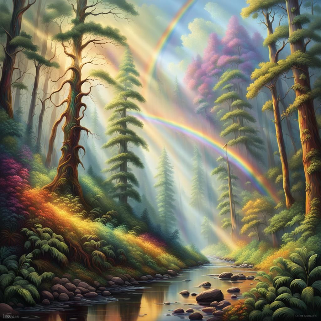 Vivid Rainbow Arch Over a Detailed Forest Landscape in Hyper...