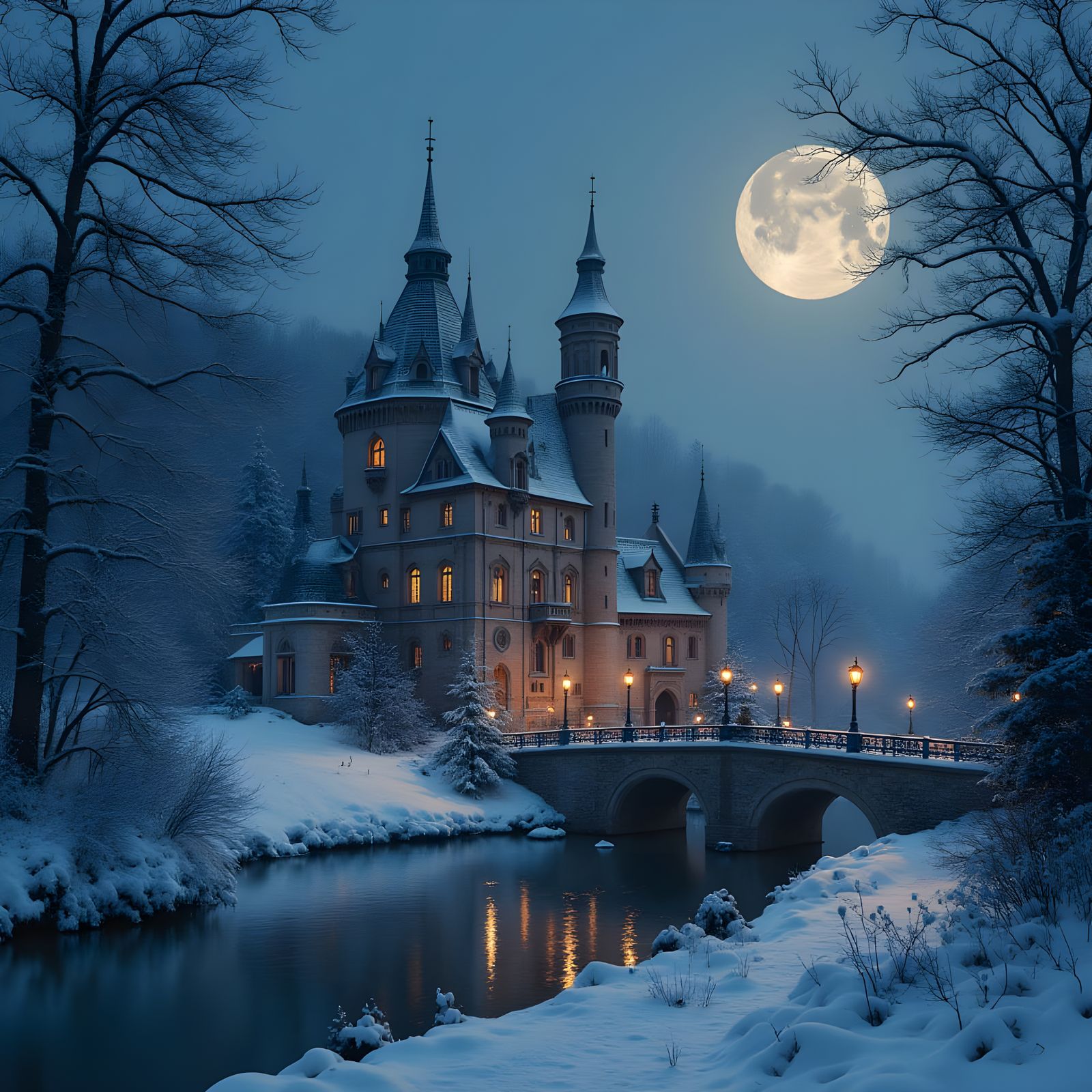 Elegant Gothic French Castle Under Snowy Landscape