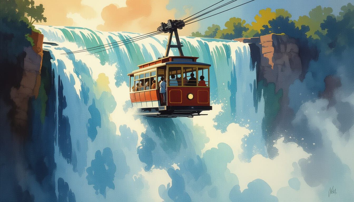 Vintage Cable Car Climbs Waterfall in Watercolor Style