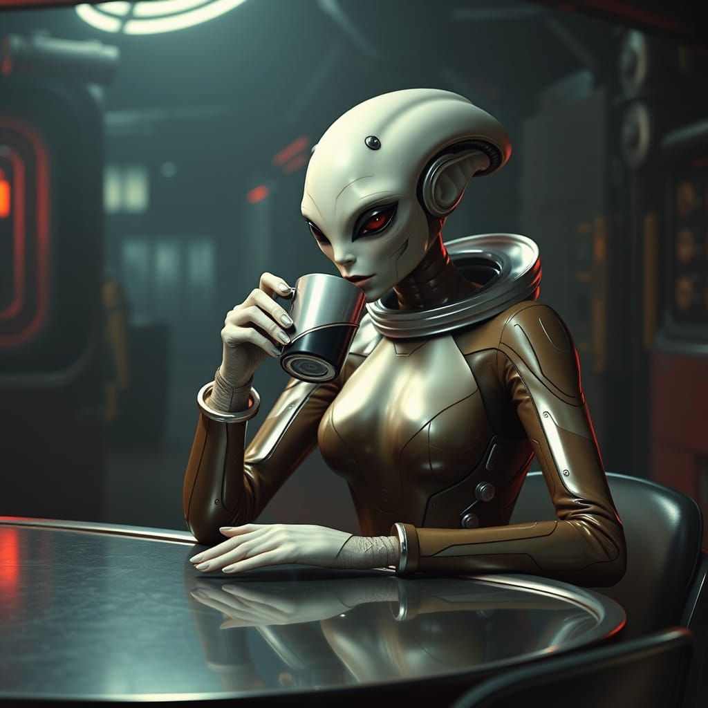 Alien Woman Enjoys Coffee in Futuristic Sci-Fi Setting
