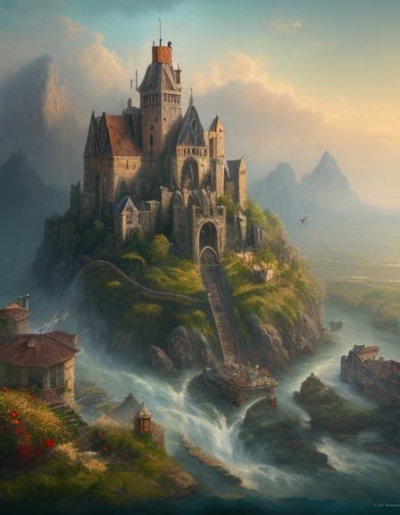 Fantastical Village at River Confluence