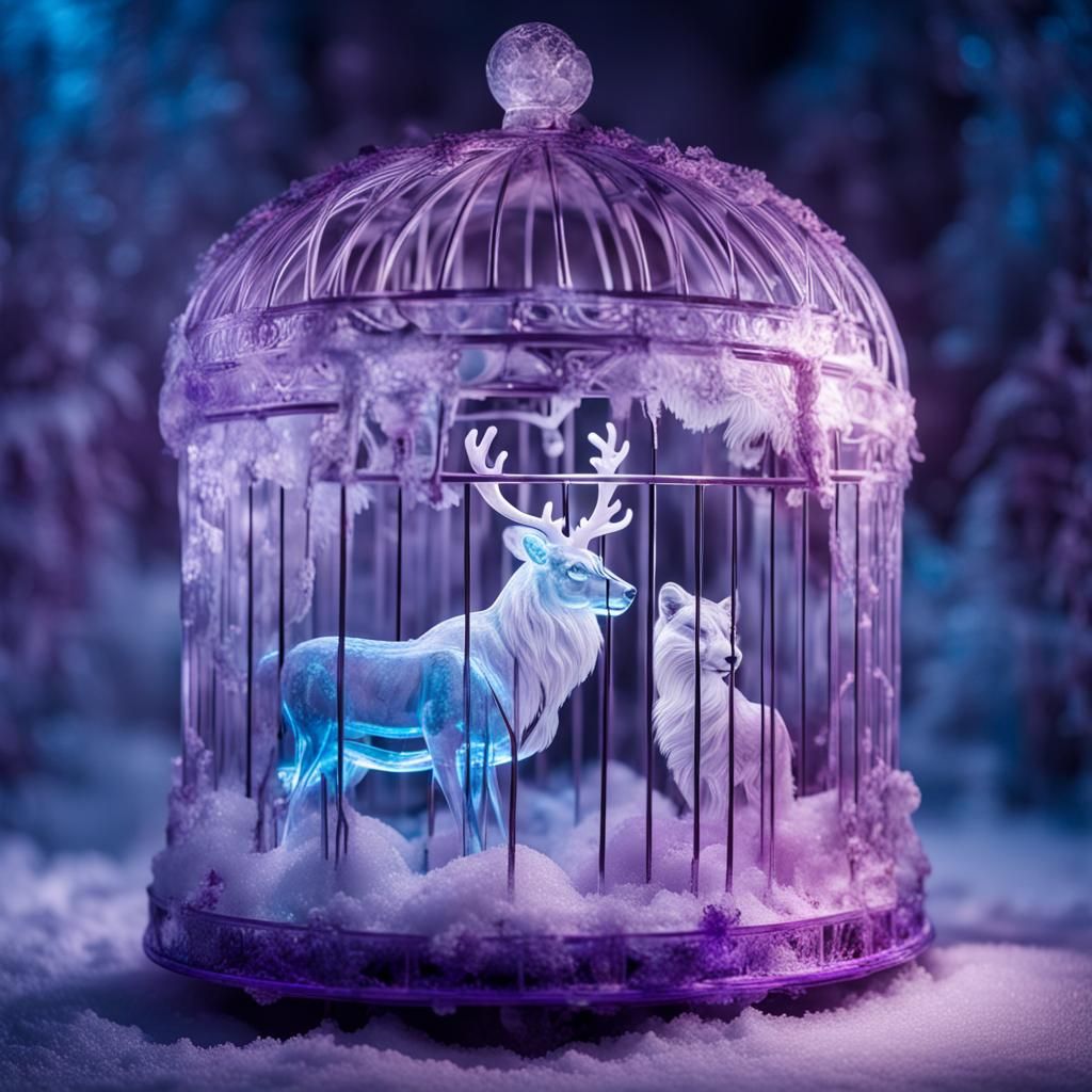 Ice Art of a Reindeer and Lion in a Cage, in Vibrant Purple...