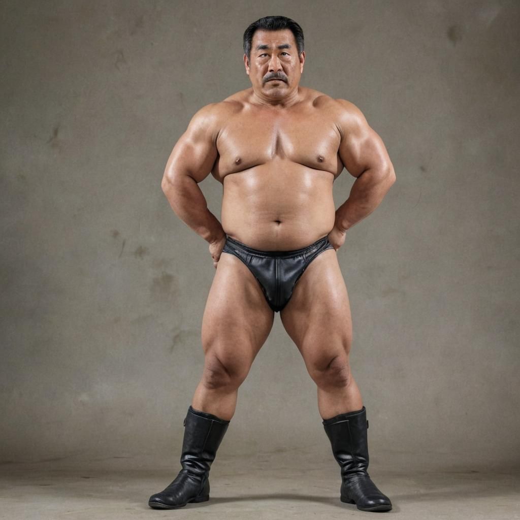 Muscled Japanese Pappy Wrestler in Confident Ring Pose