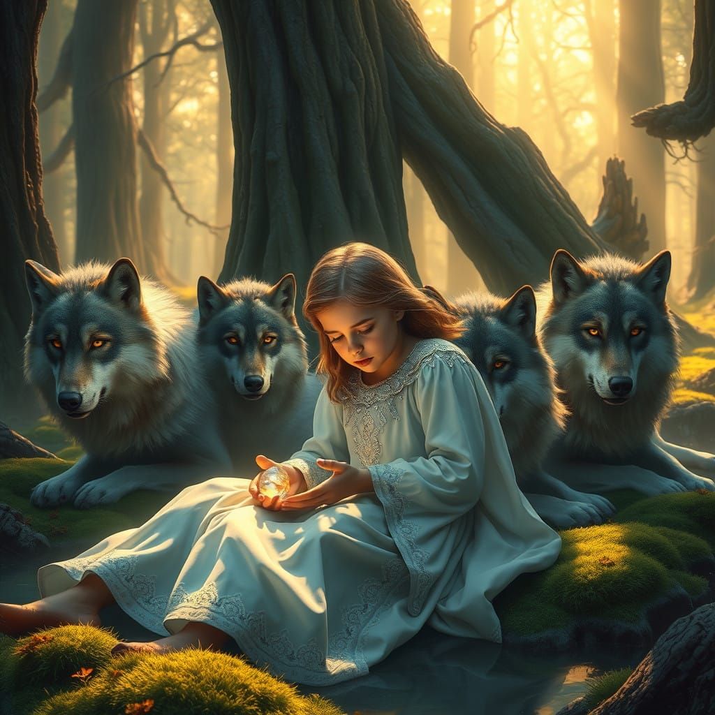 Majestic Young Girl Surrounded by Wolves in a Mystical Fores...