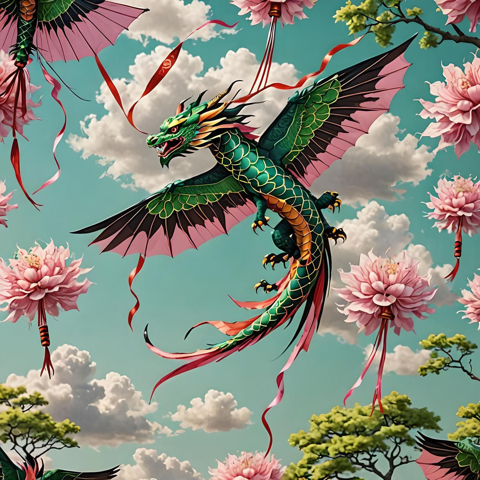 Vibrant Japanese Dragon Kite Soars in Ethereal Skies