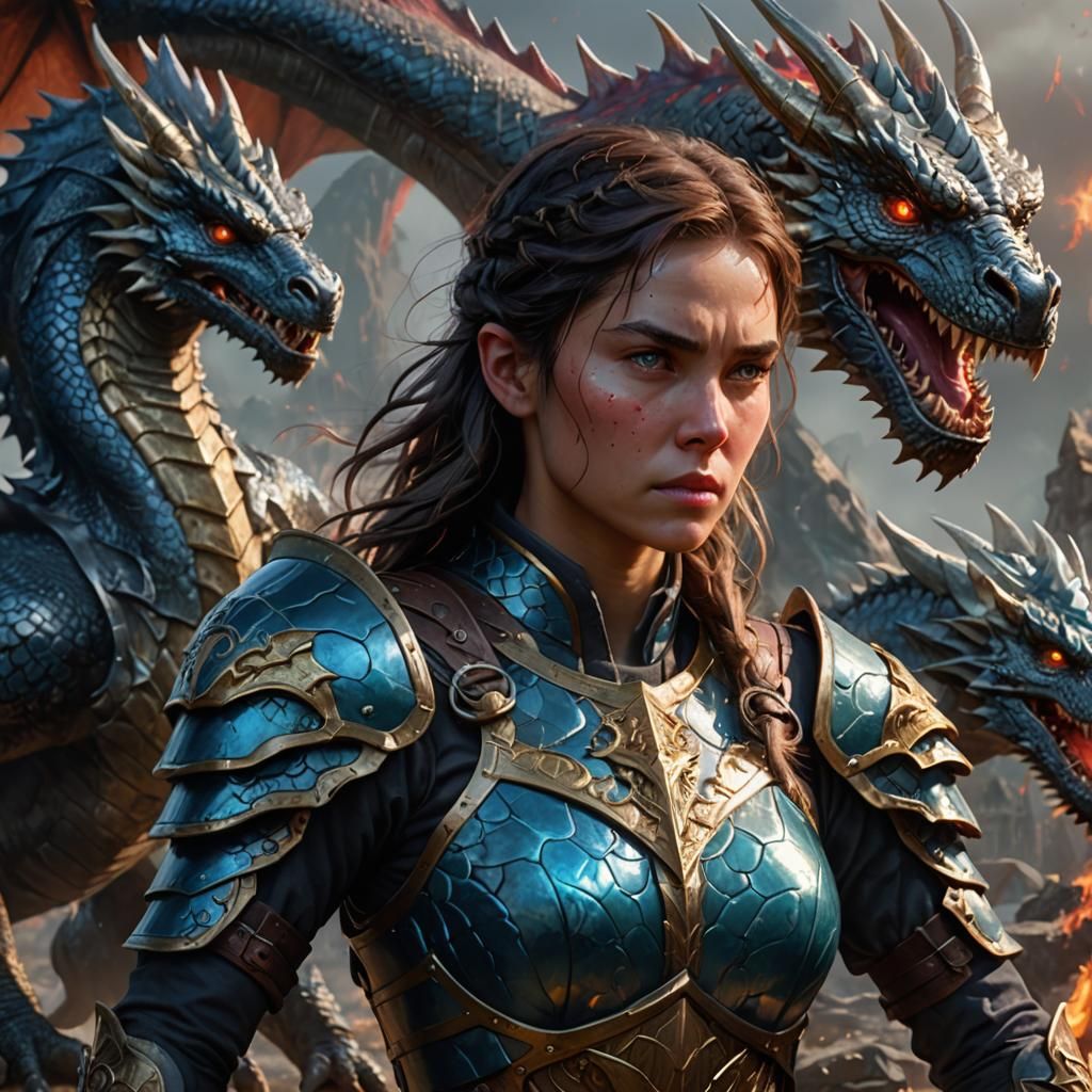 Epic Fantasy Warrior Woman Battles Dragon in Cinematic Portr...