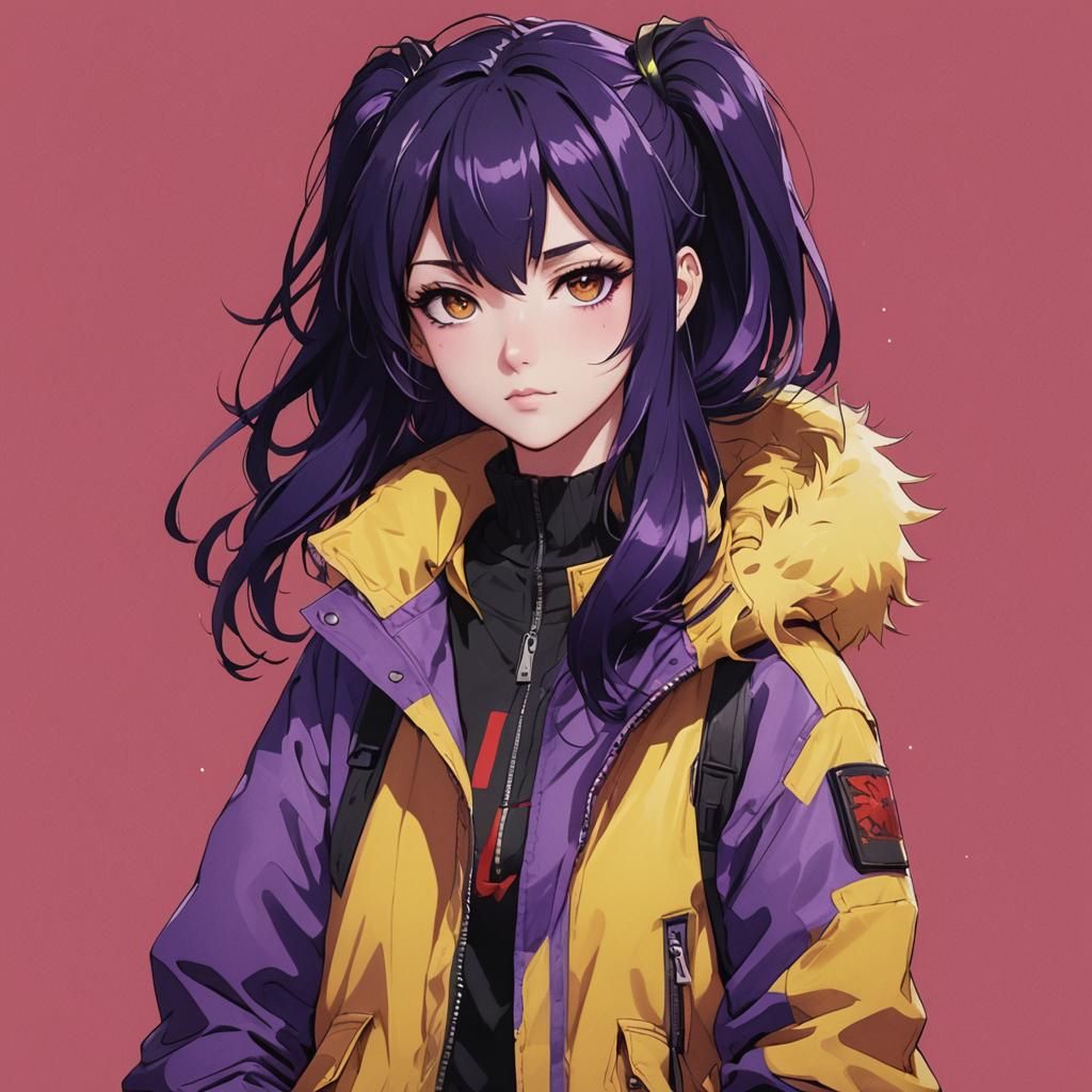 Anime Girl with Vibrant Hair and Yellow Jacket in a Bold Red...