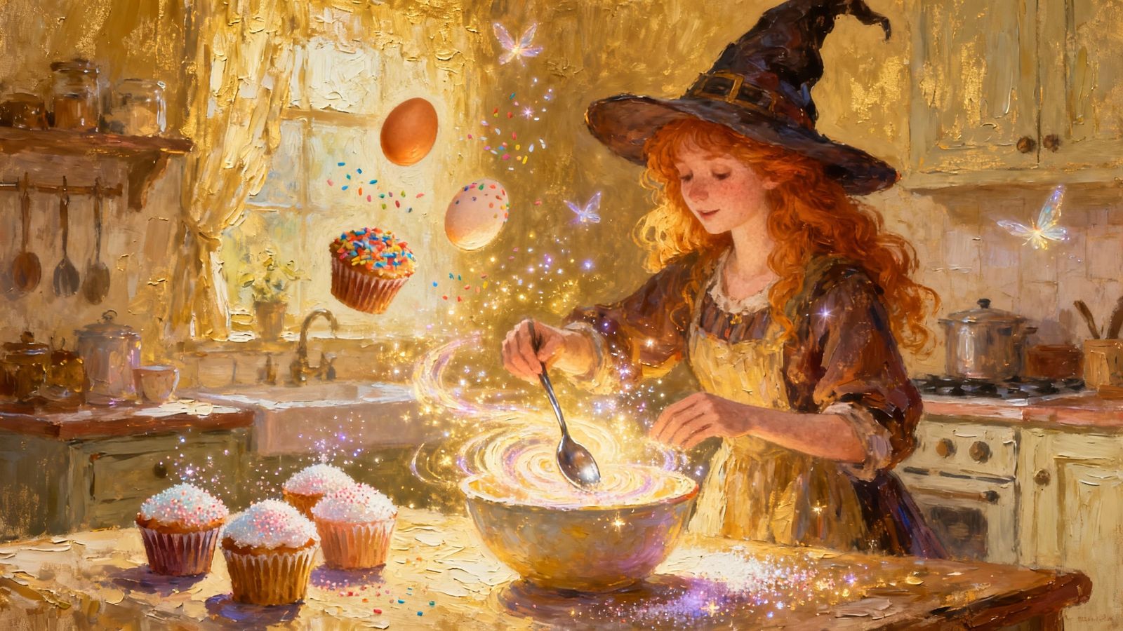 Ginger Witch Bakes Cupcakes with Magic, Textured Oil Paintin...