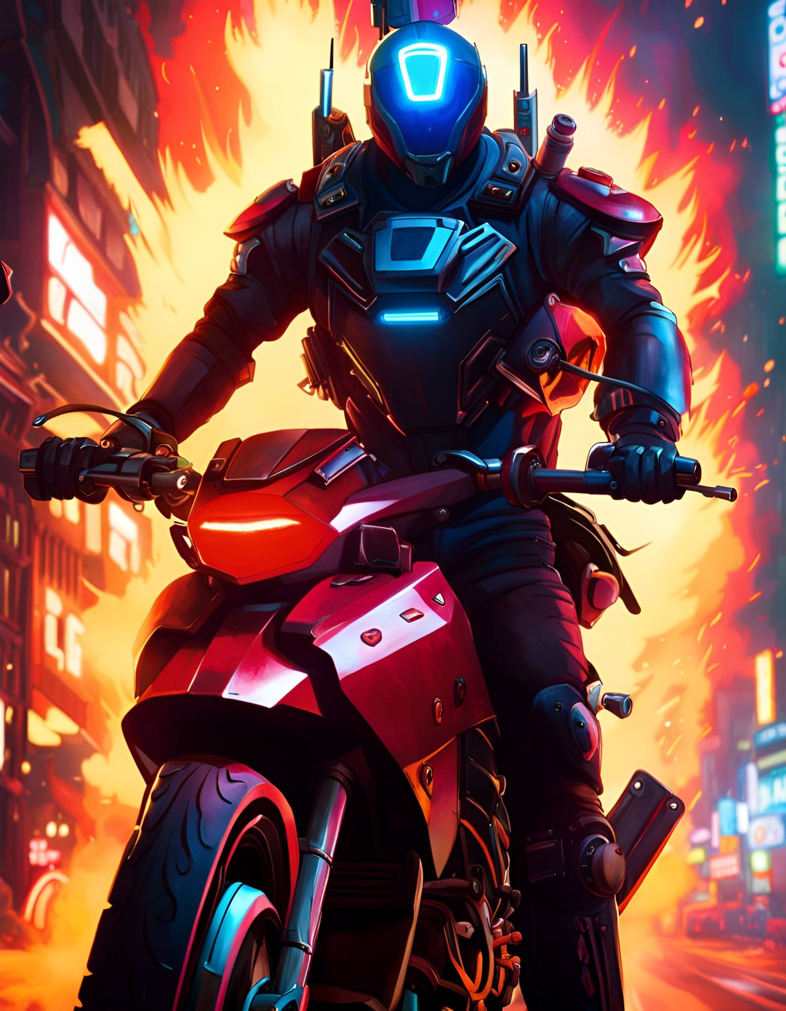 Cyberpunk Biker in Burning Neo-Tokyo, Hyperdetailed Painting