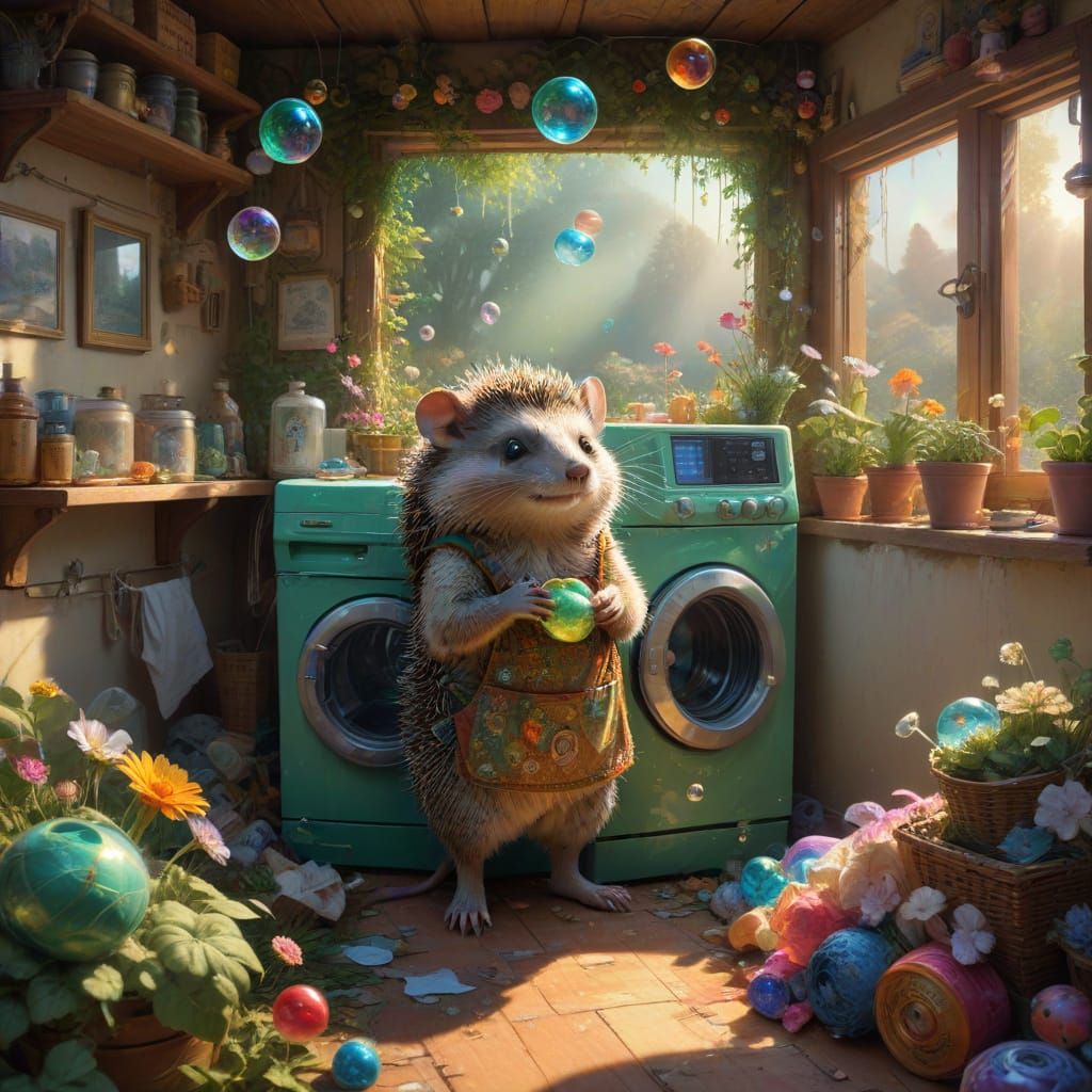 Whimsical Washing Machine Scene with Hedgehog and Mice