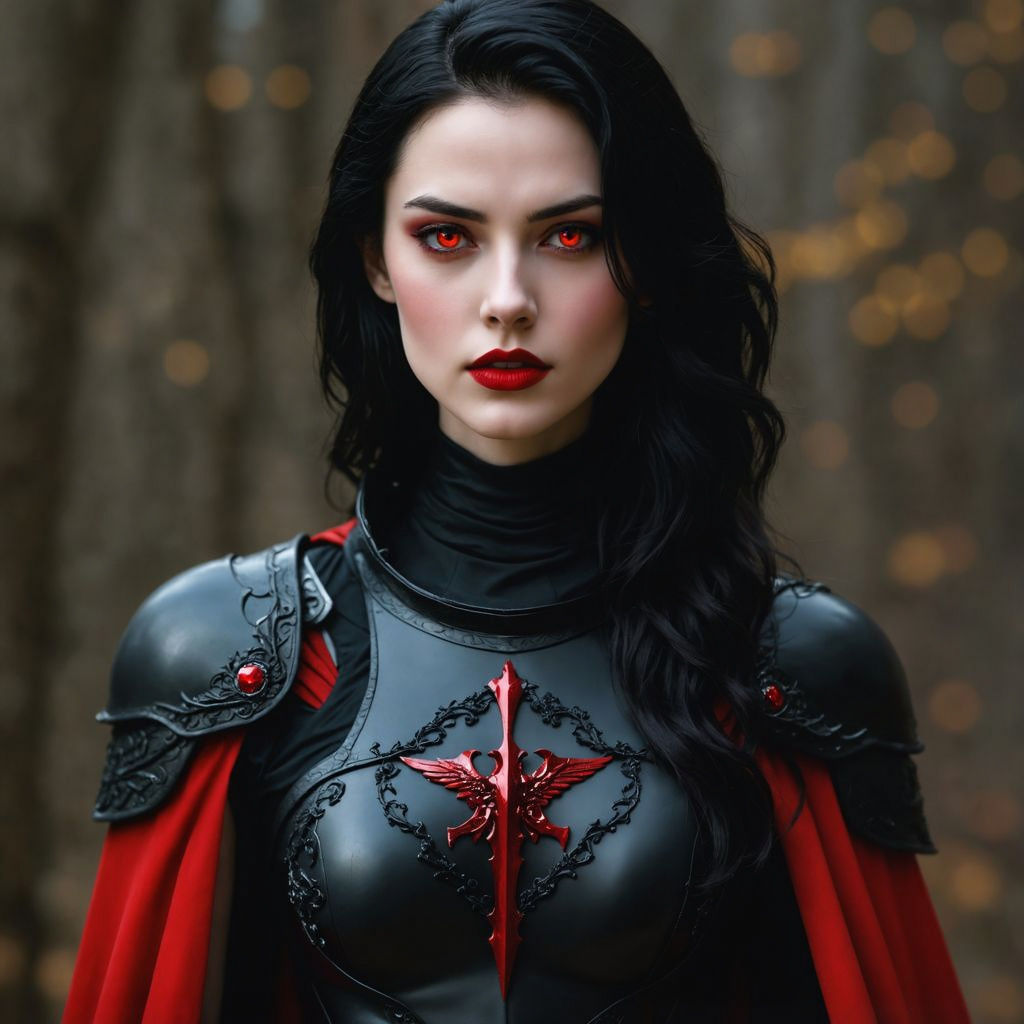 Regal Woman in Black Armor with Red Anvil Crest