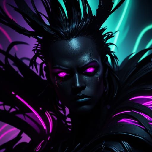 Neon Light Behind Dark Shapes in Dark Fantasy Art