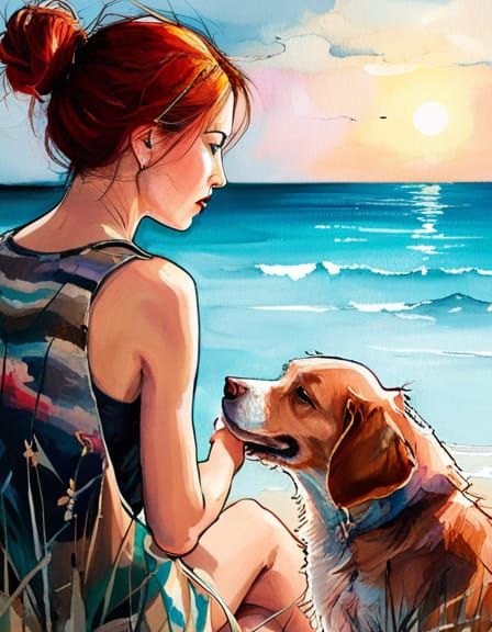 Surreal Ink Drawing of Girl and Dog Watching Sunset