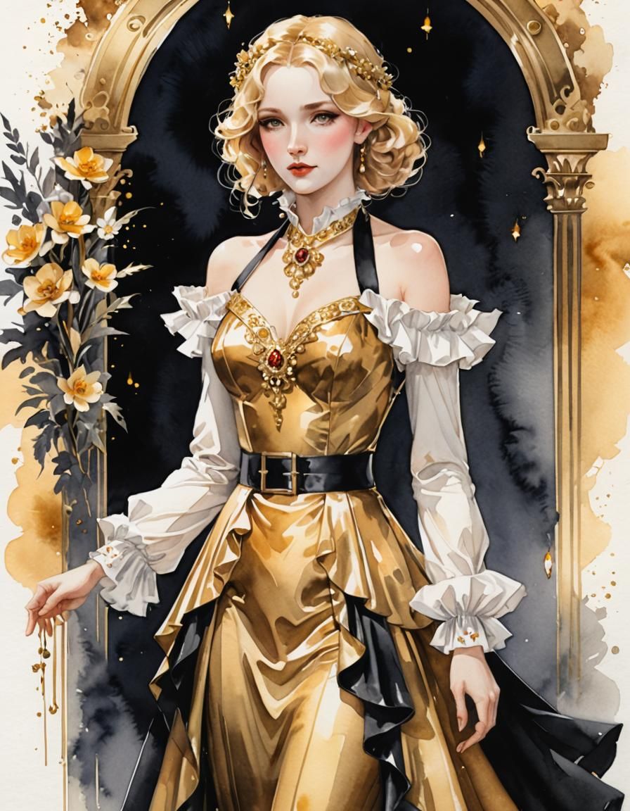 Vintage Gold Lady in Watercolour Ruffles