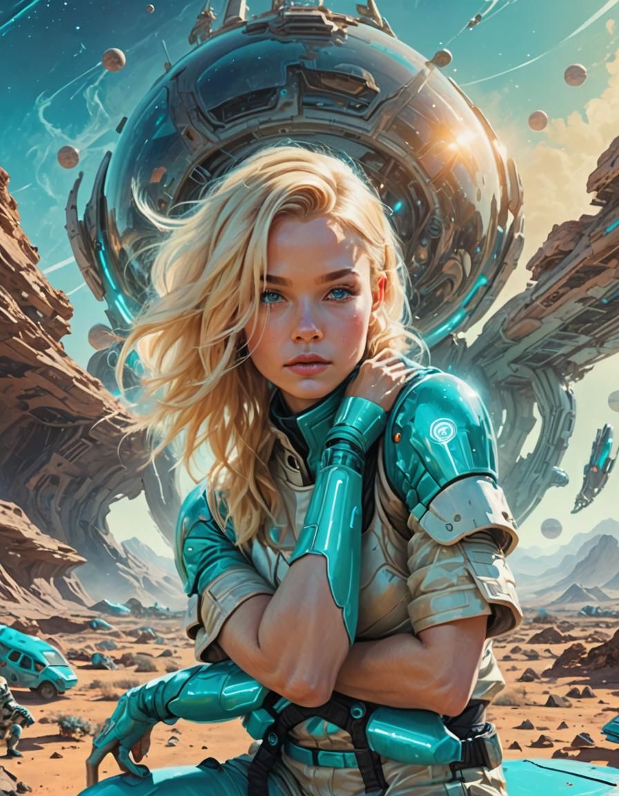Cyan Space Babe in Painterly Sci-Fi Art