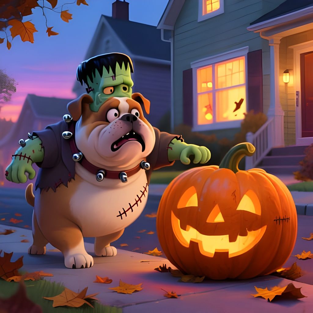 Jovial Bulldog as Frankenstein's Monster Trick-or-Treating