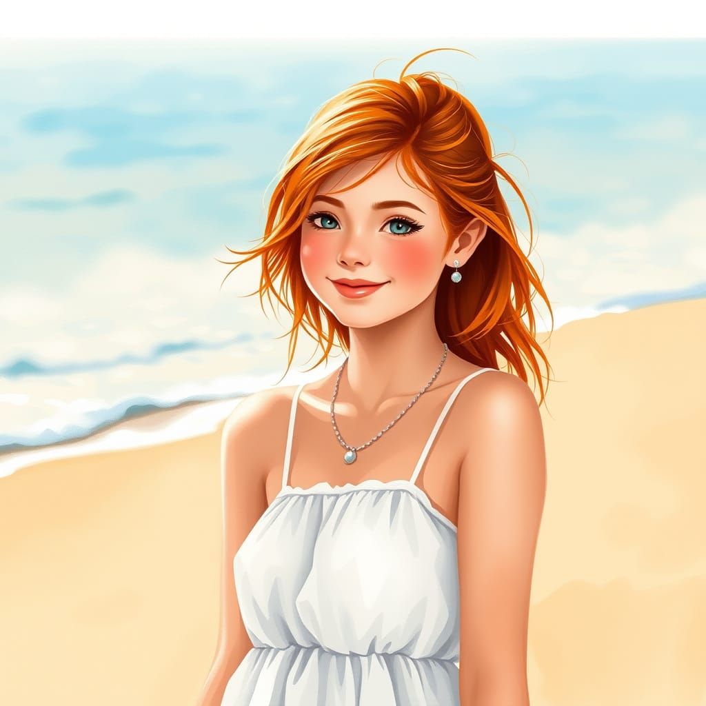 Gentle Beachside Portrait in Whimsical Watercolor