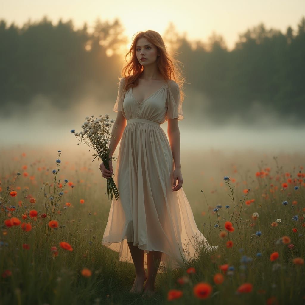 Ethereal Slavic Woman in Misty Meadow
